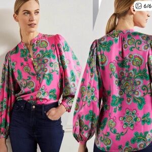 BODEN “ANNA” BALLOON SLEEVE FUSCHIA/ GREEN FLORAL WILD BLOOMS BLOUSE! SIZE US 6